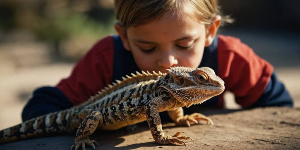 A young child with blonde hair, wearing a red and blue shirt, closely examines a bearded dragon outdoors. The lizard's intricate scales stand out vividly as it rests calmly on a flat surface. In homes with children, it's essential to know some keeping tips for bearded dragons to ensure a harmonious environment.