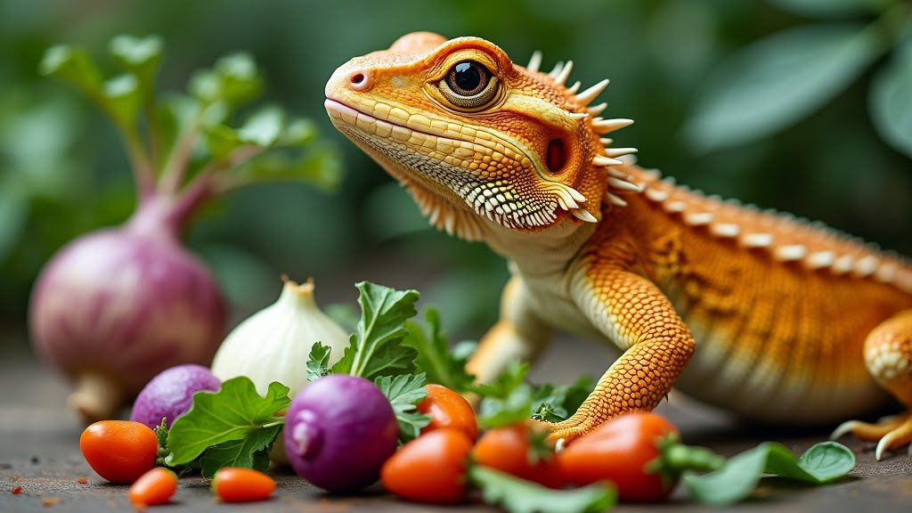 A close-up of an orange bearded dragon lizard surrounded by various vegetables like tomatoes, onions, and leafy greens. The lizard's spiky scales are prominent, and the background has a soft-focus effect with greenery.