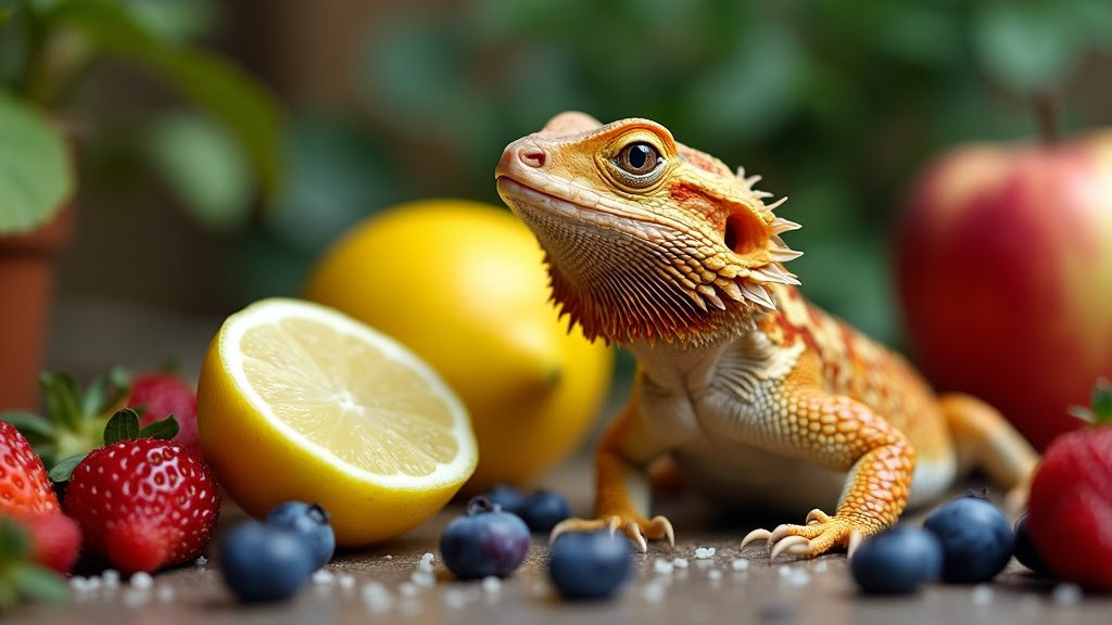 A bearded dragon with vibrant orange and yellow coloration is surrounded by assorted fruits, including a half-cut lemon, strawberries, blueberries, and an apple. The background is blurred, highlighting a pot with green leaves. The setting appears natural and fresh.