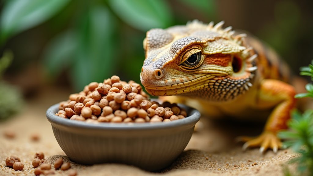 A close-up shot of a bearded dragon lizard standing beside a gray bowl filled with brown pellets, likely its food. The background features greenery and a sandy surface, adding a natural environment feel to the scene.