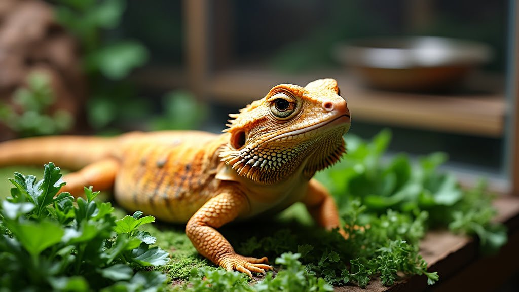 A bearded dragon with orange and yellow scales rests on a bed of green plants and moss, gazing forward. The background is slightly blurred, highlighting the reptile's intricate textures and vivid colors.