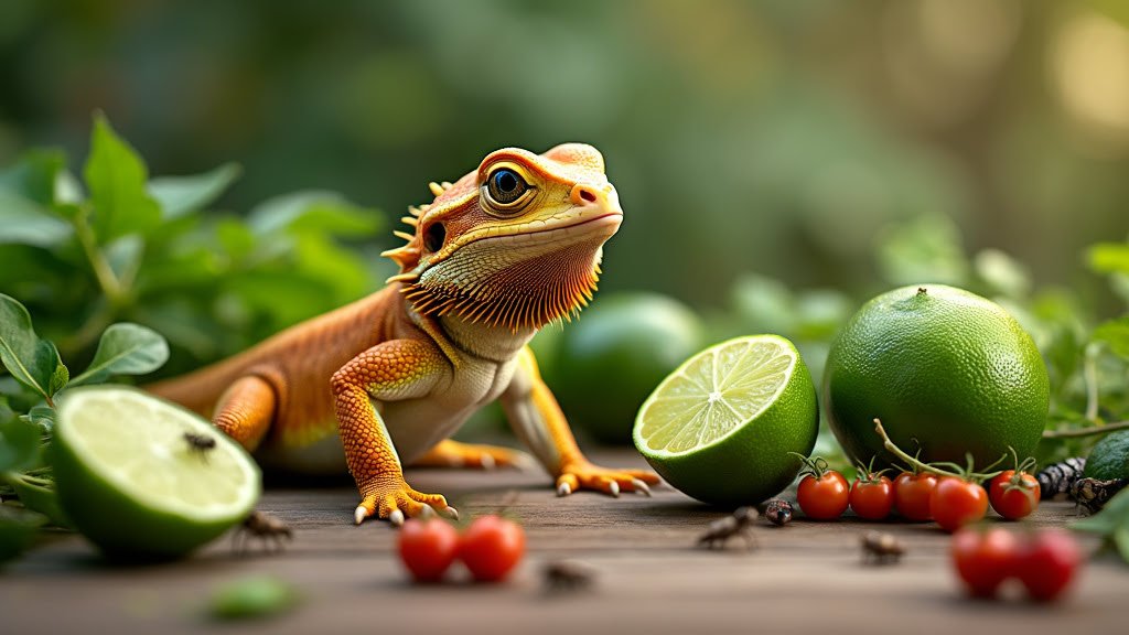 A bearded dragon lizard sits on a wooden surface surrounded by lime halves, whole limes, and small red berries. The background is filled with green foliage, creating a natural and vibrant setting.