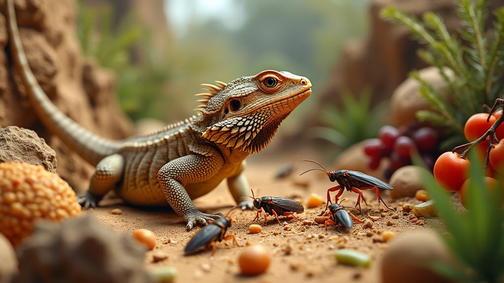 A bearded dragon lizard sits in a naturalistic desert habitat, surrounded by rocks and plants. Nearby, several black insects are scattered on the ground. The setting includes small fruits and seeds, creating a vibrant and lifelike environment.