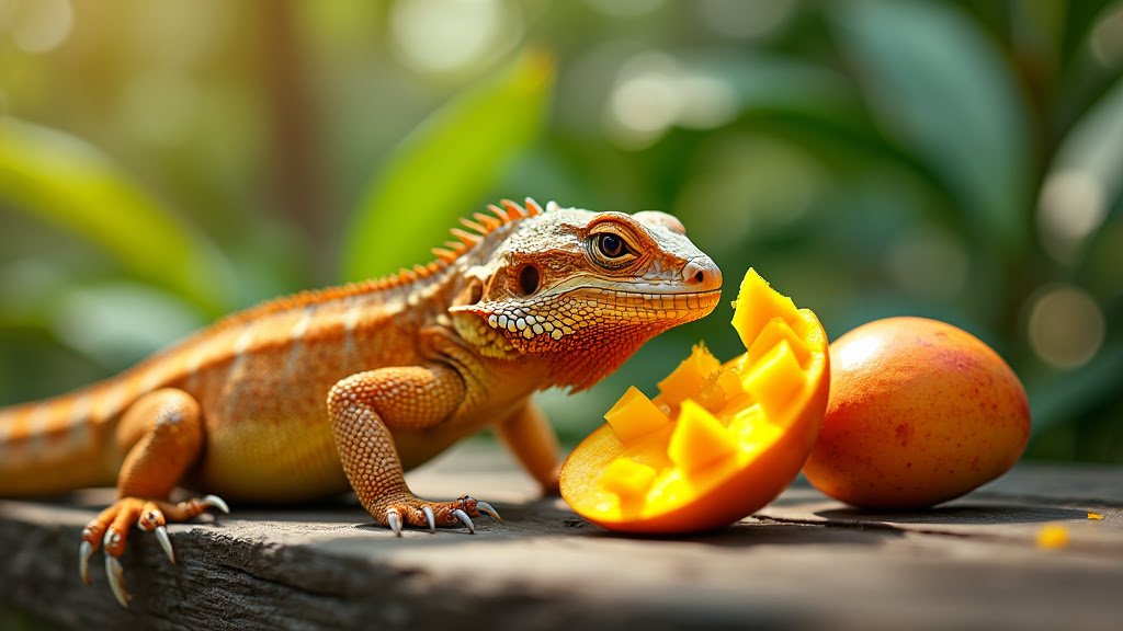 A bearded dragon lizard sits on a wooden surface next to a halved mango with diced pieces. The lizard appears to be looking at the mango. The background is blurred with green foliage, suggesting an outdoor environment. The scene is lit by natural sunlight.