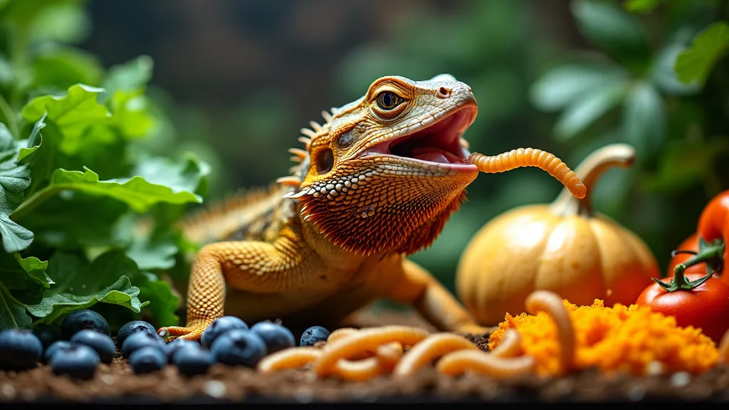 A bearded dragon lizard is eating a mealworm among various fruits and vegetables, including blueberries, a small pumpkin, and a tomato. The lizard has its mouth open with the mealworm halfway inside, surrounded by a leafy green background.