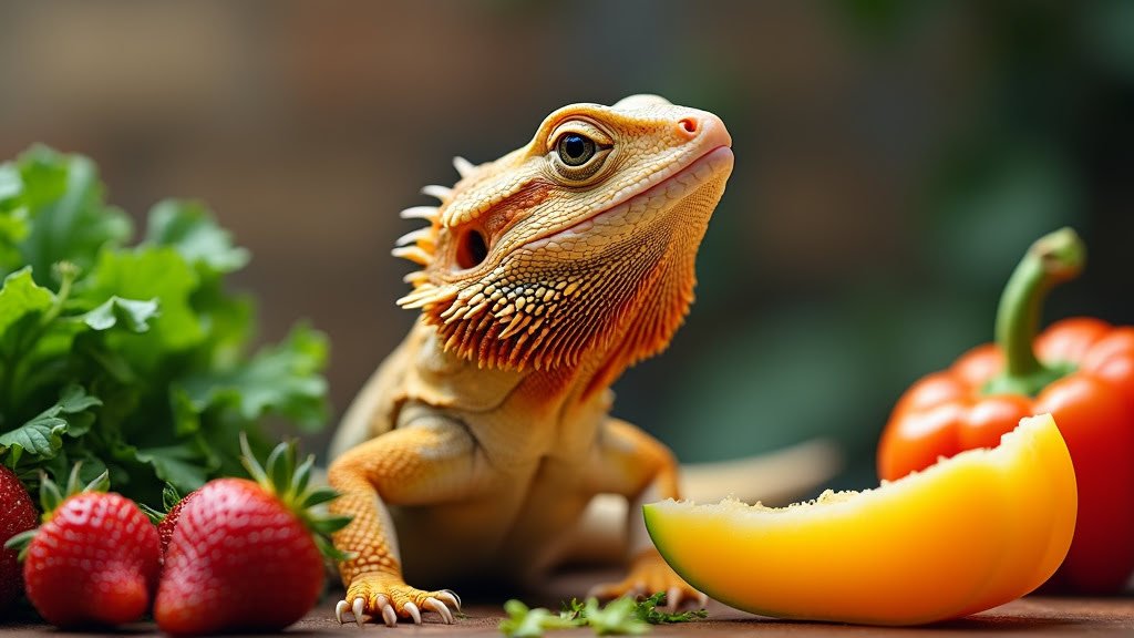 A close-up of a bearded dragon surrounded by fruits and vegetables. The lizard, with textured scales and a sturdy build, stands near strawberries, leafy greens, a slice of cantaloupe, and an orange bell pepper, all arranged against a blurred natural background.