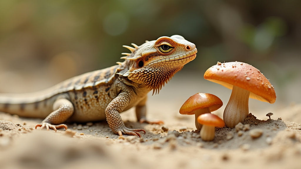 A small lizard with a spiky crest and striped pattern on its back gazes at a cluster of three orange mushrooms growing in the sandy ground. The background is softly blurred, highlighting the lizard and mushrooms as the focal points of the image.