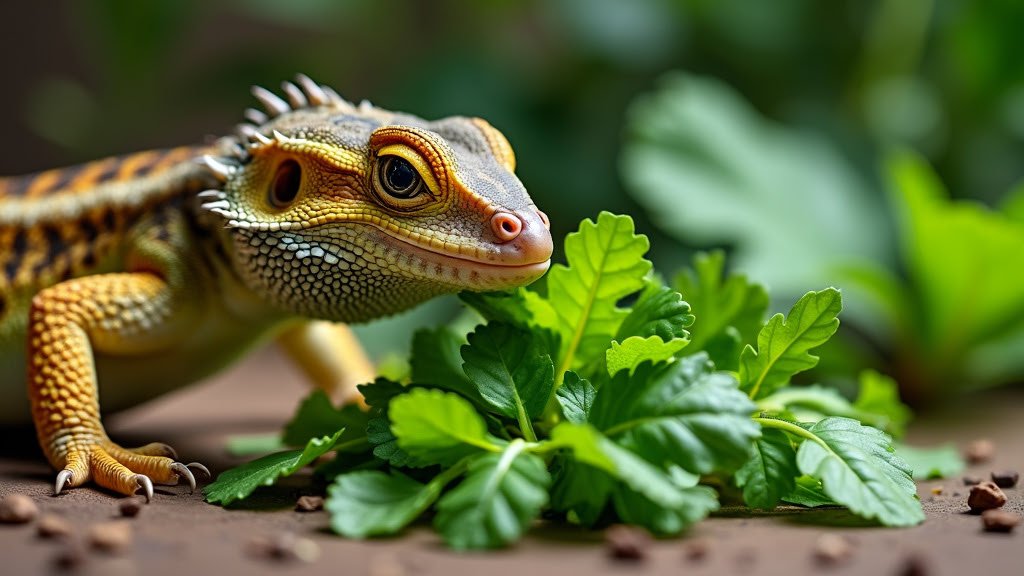 A colorful lizard with a spiky crest is perched next to a bunch of fresh green leaves. The background is blurred, focusing on the lizard's intricate patterns and the vibrant green foliage. Small pebbles are scattered around the scene.