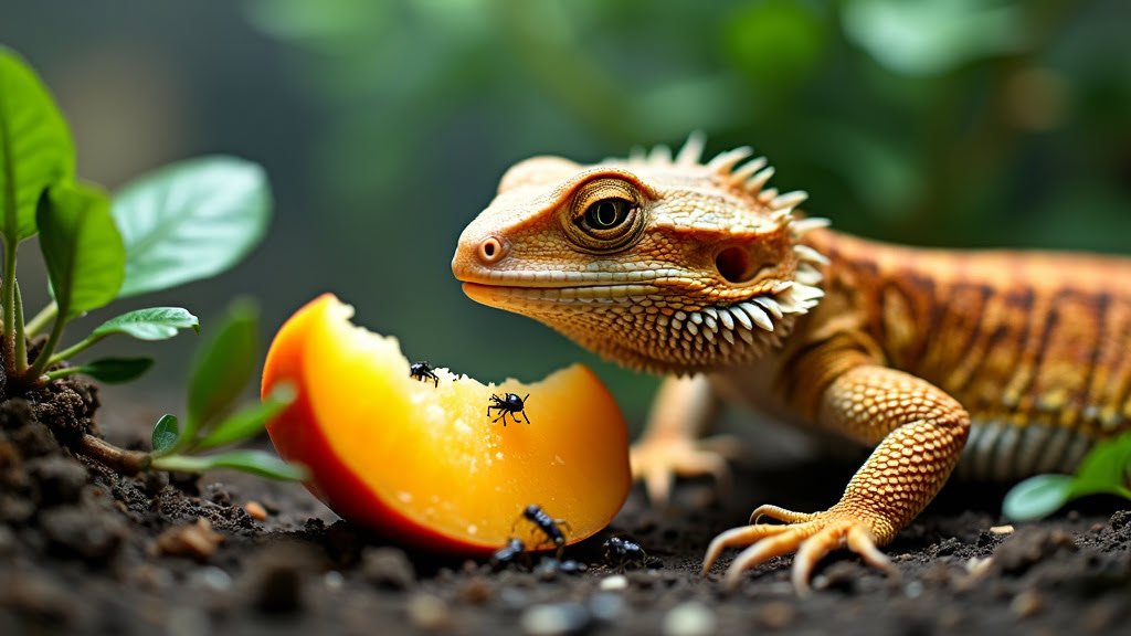 A close-up of a lizard next to a partially eaten tomato resting on soil. Several ants are seen on the tomato. The background includes green leaves and a soft bokeh effect. The lizard is looking forward, showcasing its textured skin and sharp eyes.