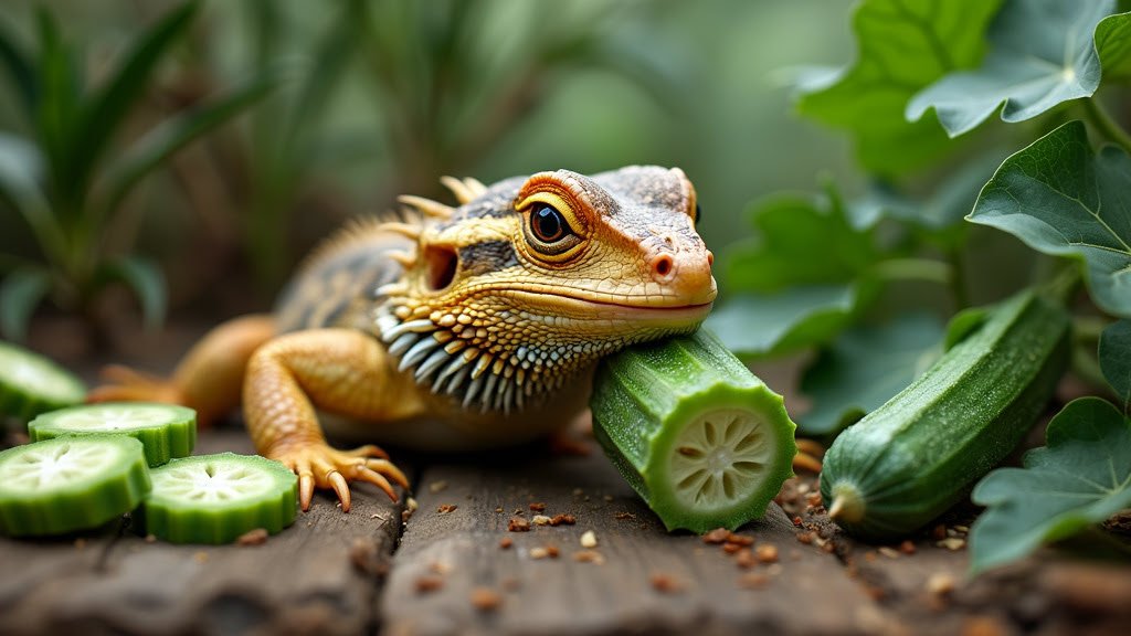 A bearded dragon rests its head on a sliced cucumber on a wooden surface, surrounded by leafy green plants. The lizard's vibrant scales contrast with the greenery, creating a harmonious natural setting.