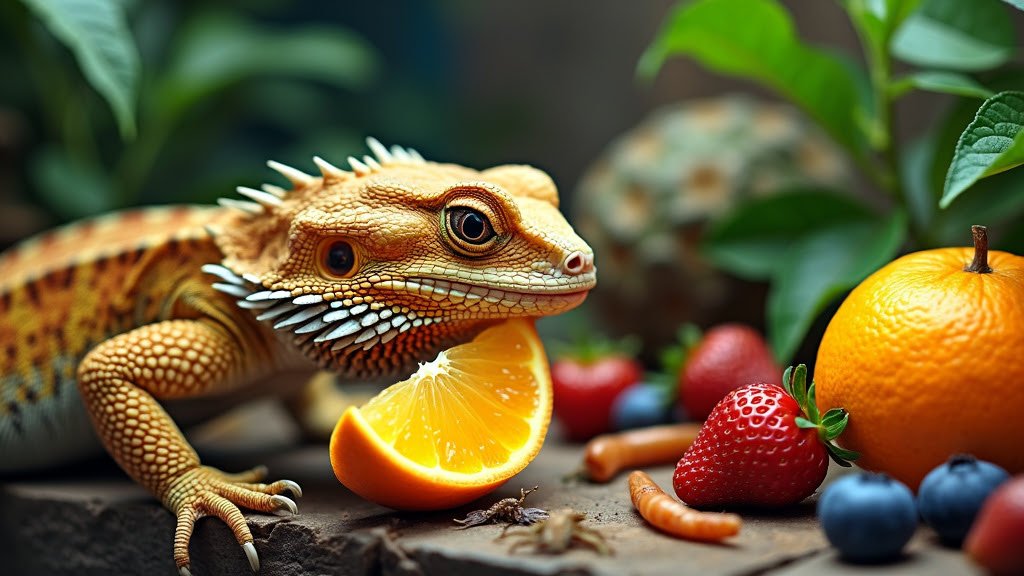 A bearded dragon lizard stands beside a slice of orange and various fruits, including strawberries, blueberries, and an orange. The scene is set against a backdrop of greenery, with the lizard's textured skin and spiky beard prominently displayed.