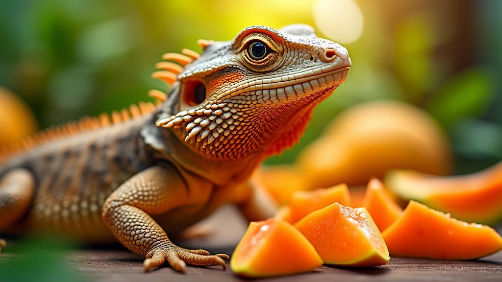 A bearded dragon lizard sits on a surface next to pieces of bright orange fruit, likely papaya. The background is softly blurred with green and yellow hues, suggesting an outdoor or natural setting. The lizard's scales and vibrant colors are clearly visible.