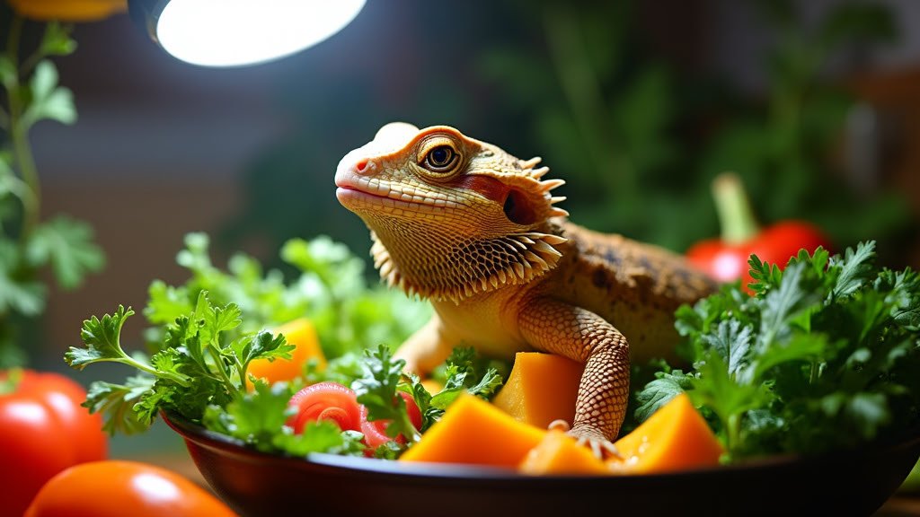 A bearded dragon lizard sits in a bowl filled with fresh greens, cherry tomatoes, and sliced bell peppers, surrounded by more vegetables. The lizard is well-lit by an overhead light, highlighting its textured skin and alert expression.