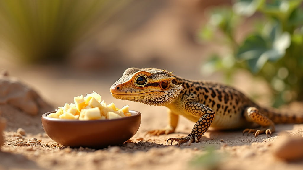 A small, spotted lizard stands on a sandy surface, curiously eyeing a brown bowl filled with chopped yellow fruit. The background is slightly blurred but shows some vegetation sprouting in the desert environment.