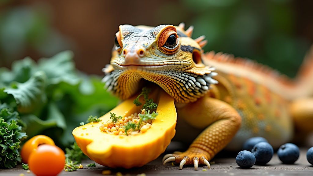 A colorful lizard with intricate patterns on its body is eating a yellow bell pepper stuffed with greens. Fresh vegetables and blueberries are placed around it, creating a vibrant and natural setting. The background is softly blurred with green foliage.