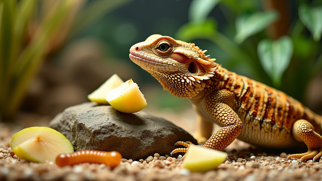 A bearded dragon sits on gravel near a rock, with sliced apples and a mealworm in front of it. The reptile has a textured, tan and orange-scaled body, and the background is adorned with blurred green leafy plants.