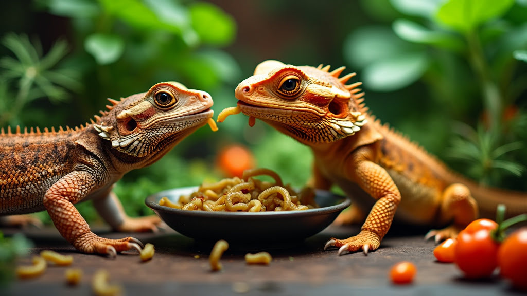 Two bearded dragons share a meal of worms from a bowl in the center of a lush green setting, with leafy plants and bright cherry tomatoes visible in the background. One lizard has a worm in its mouth, while the other looks on.