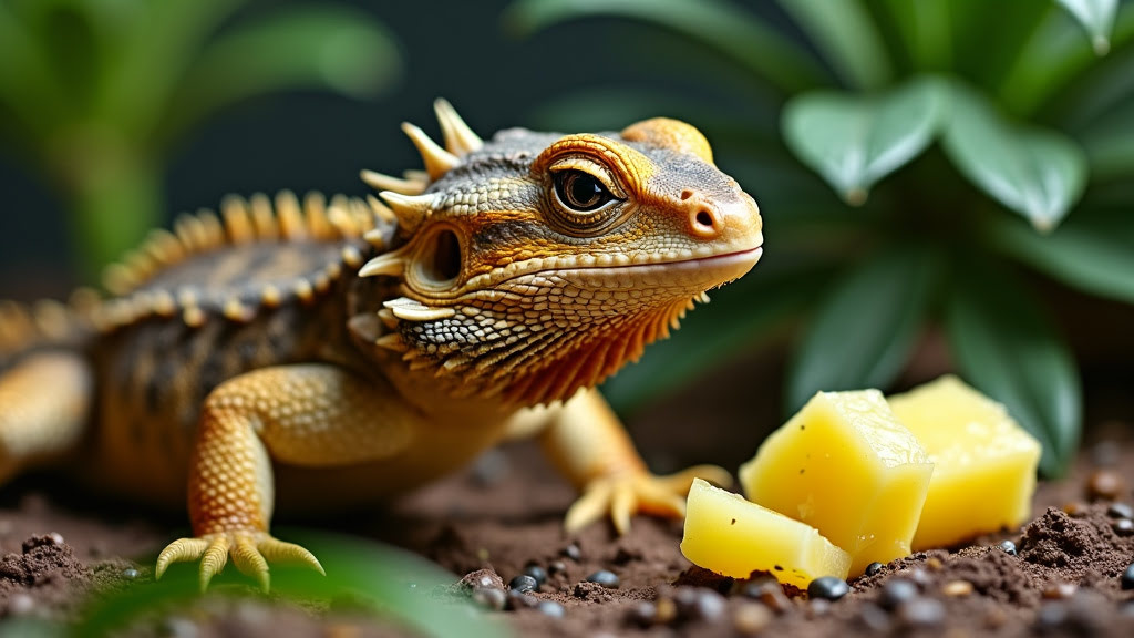 A close-up of a bearded dragon standing on soil with green plants in the background. The lizard looks alert with its spiked skin visible. There are several small yellow pieces of fruit or vegetable next to it.