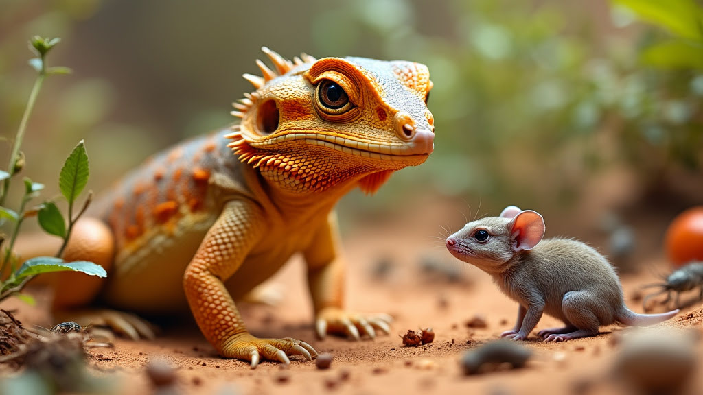 A bearded dragon lizard and a small mouse face each other on a sandy terrain. The lizard, with its orange and yellow scales, appears curious, while the gray mouse looks upward at the reptile. The scene is set among scattered pebbles and tiny green plants.