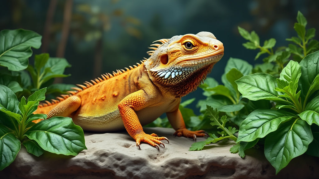 A vibrant orange and yellow bearded dragon rests on a rock surrounded by lush green plants. The dragon's scales are detailed, and it has a calm expression amid the natural scenery. The background is softly blurred, highlighting the subject.