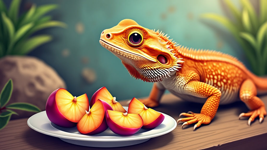 A brightly colored orange lizard with textured skin and prominent eyes sits on a wooden surface near a plate of sliced peaches. The background is decorated with lush green plants, suggesting a natural or tropical setting.