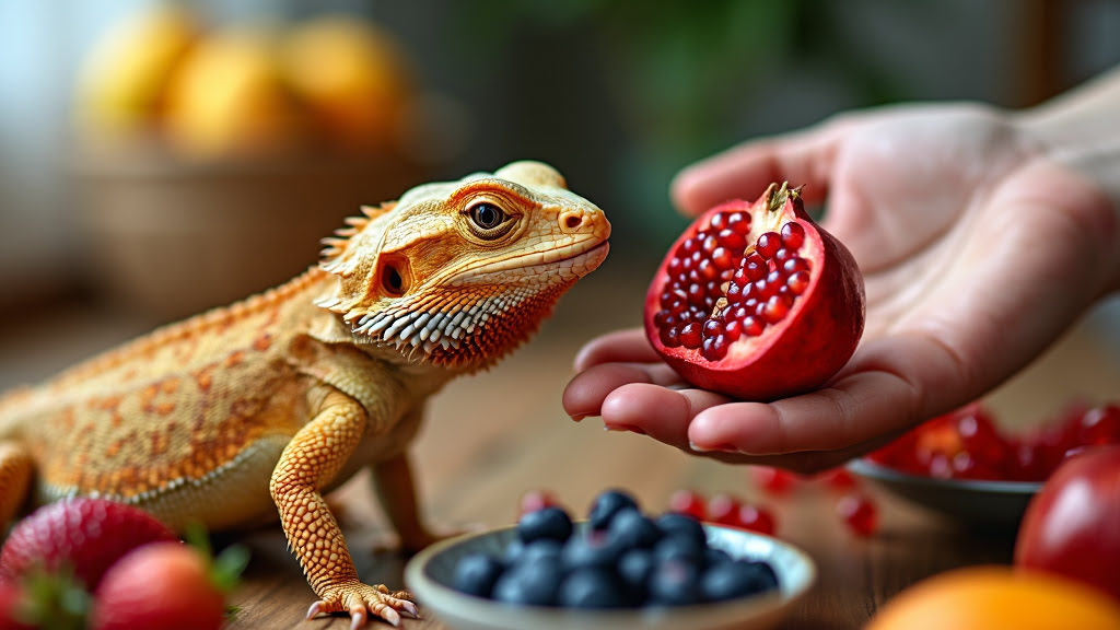 A bearded dragon lizard is curiously looking at a halved pomegranate held by a person's hand. The scene includes bowls of blueberries and strawberries on a wooden surface, with blurred background containing other fruits.