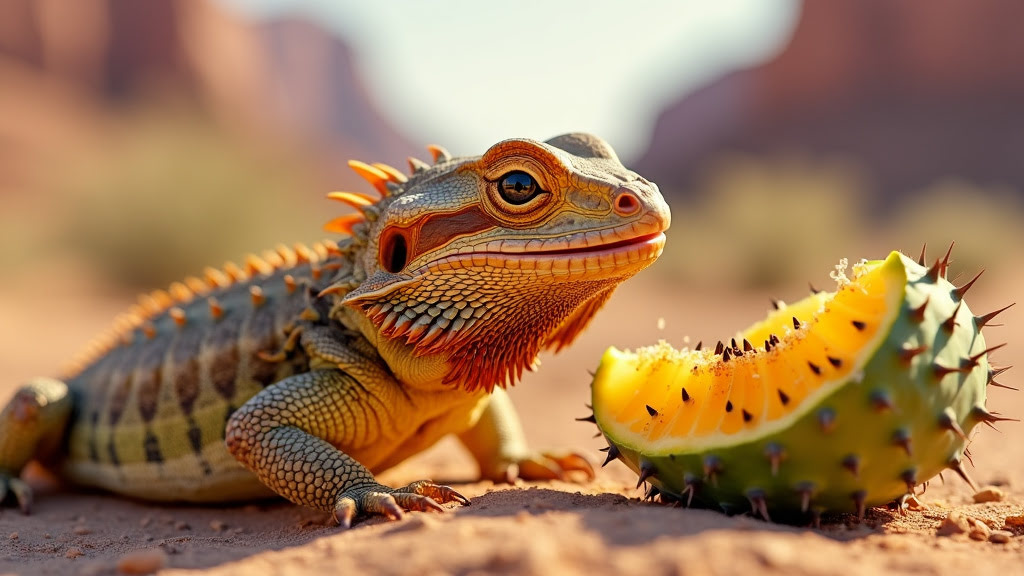 A colorful lizard with an orange crest stands on sandy ground in a desert landscape. It gazes at a half-eaten prickly pear next to it, displaying textured skin and intricate patterns. Blurred desert vegetation and rock formations are visible in the background.