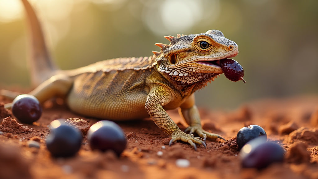 A brown iguana is on a sunlit, reddish-brown sandy surface with a blurred green background. It has a dark berry in its mouth and is surrounded by several other berries scattered on the ground. The iguana appears to be in the process of eating the berry.