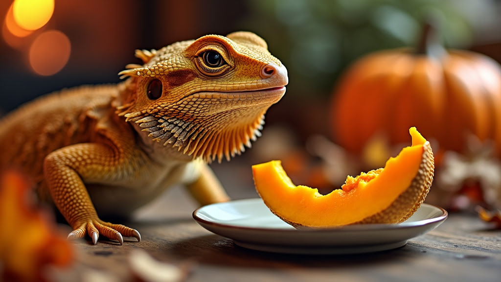 A bearded dragon lizard sits near a piece of sliced pumpkin on a white plate. The background is slightly blurred, featuring another pumpkin and some autumn leaves, creating a cozy fall atmosphere.