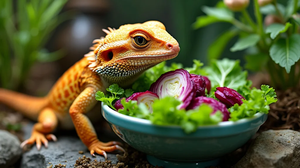 A close-up of an orange bearded dragon lizard sitting next to a bowl of fresh salad. The bowl contains vibrant red onion slices, leafy greens, and other vegetables. The background shows a natural, garden-like environment.