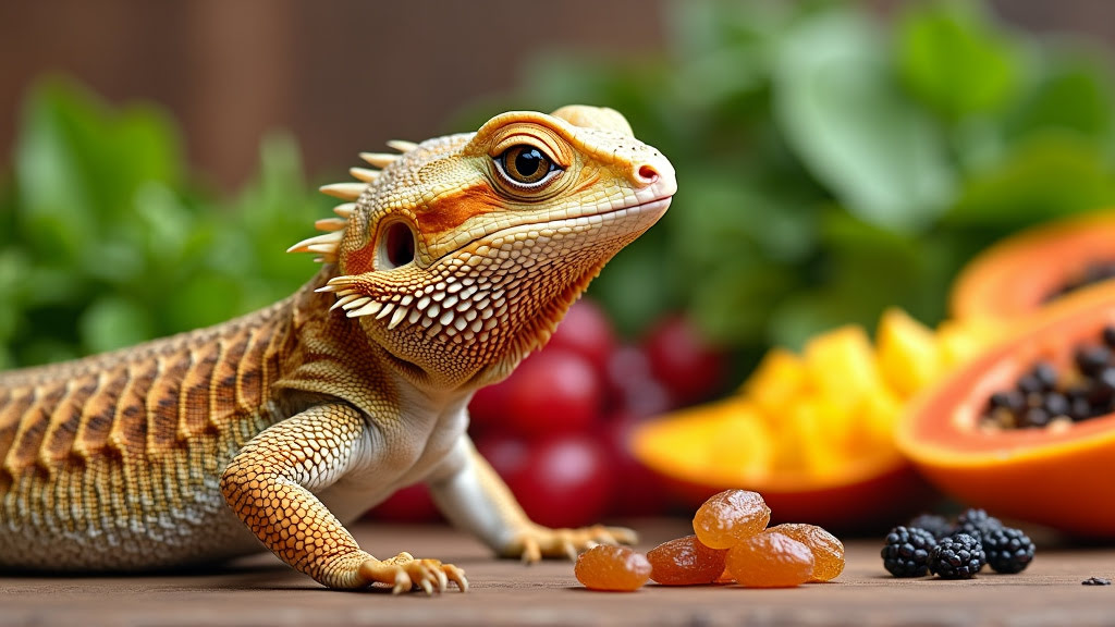 A bearded dragon sits on a wooden surface surrounded by various fruits such as papaya, blackberries, and dried apricots. The background is lush with green foliage, highlighting the vibrant colors of the scene.