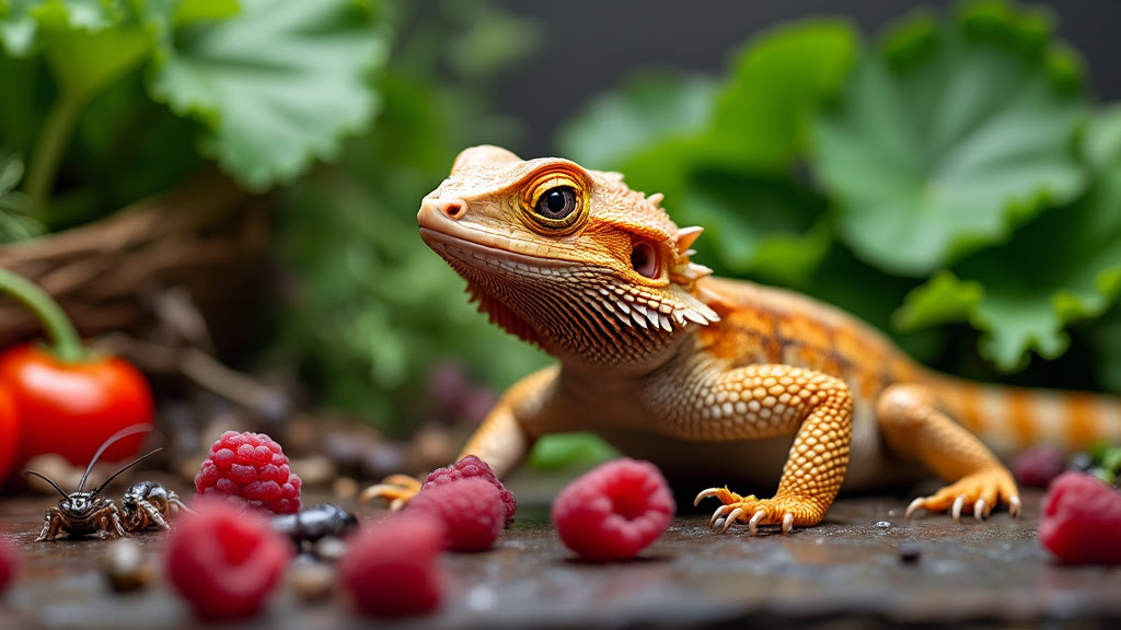 A bearded dragon with vibrant orange and brown scales is surrounded by fresh raspberries, a red bell pepper, and lush green leaves. The lizard gazes off to the side, and a cricket can be seen nearby. The setting appears to be a natural, earthy environment.