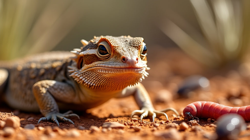 A bearded dragon with rough, tan skin and spiky scales sits on a reddish-brown, sandy terrain. Its head is tilted slightly forward, and its eyes are focused on a small, pinkish caterpillar nearby. Blurred desert plants are visible in the background.