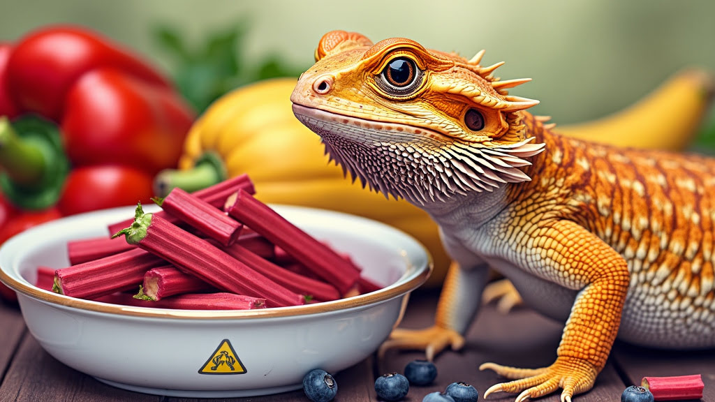 A bearded dragon sits next to a bowl of red vegetables on a wooden surface. Surrounding the bowl are blueberries, bananas, and red bell peppers. The bowl has a small caution sign on its rim. The background is blurred green foliage.