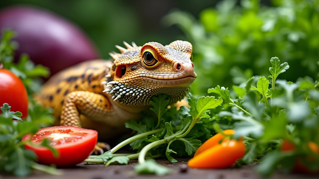 A bearded dragon sits among fresh vegetables including tomatoes, peppers, and leafy greens. The lizard's detailed scales and alert expression contrast with the vibrant colors of the produce. The background is blurred, highlighting the bearded dragon and the veggies.