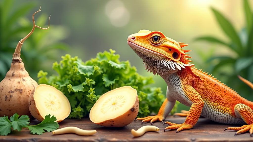 A bearded dragon lizard with vibrant orange and yellow scales sits on a wooden surface next to fresh vegetables, including green leafy lettuce, sliced squash, and other produce. The background features lush green plants bathed in natural sunlight.