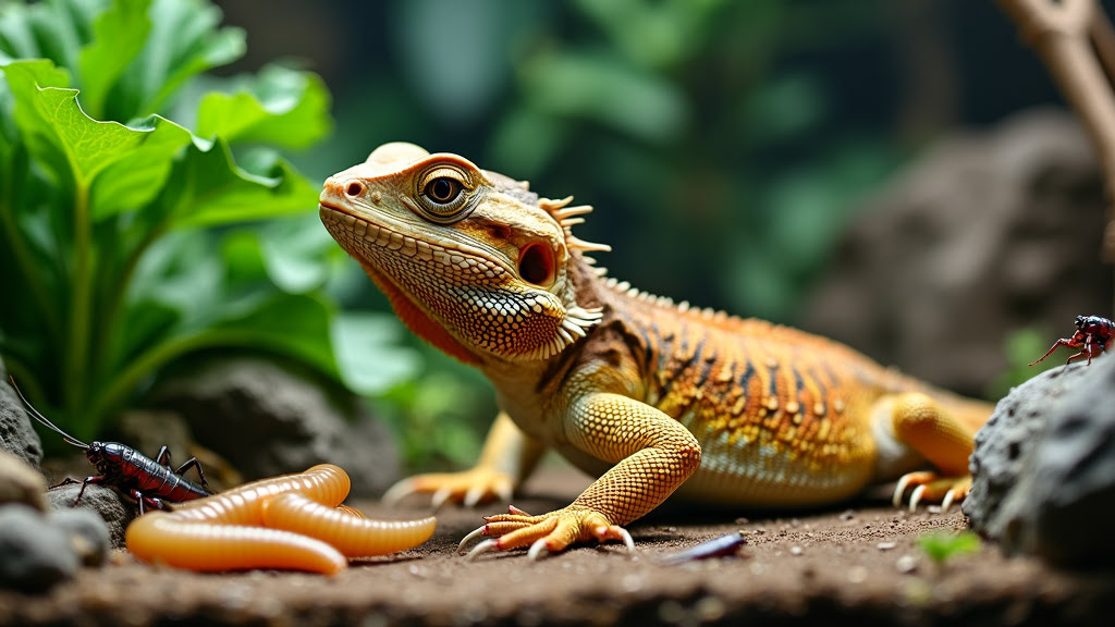 A bearded dragon with orange and yellow scales stands alert on the ground in a lush terrarium. Surrounding it are green leaves, rocks, and insects, including a cricket and a worm. The background is slightly blurred with greenery.