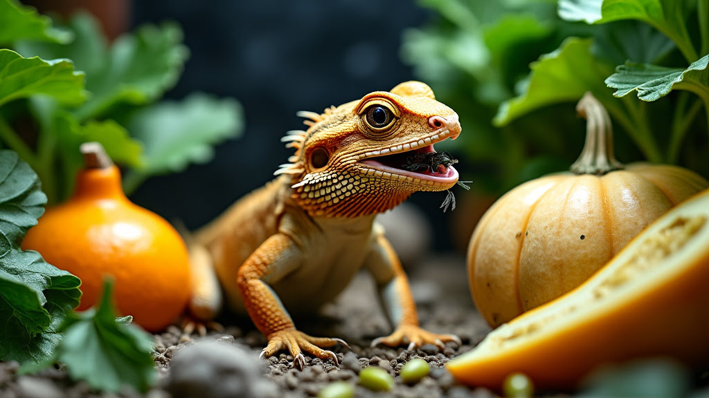 A bearded dragon with a vivid orange and yellow-brown coloring sits amidst a garden setting. The lizard is seen open-mouthed, as if mid-eat, surrounded by pumpkins, leafy greens, and small rocks, with vibrant greenery in the blurred background.