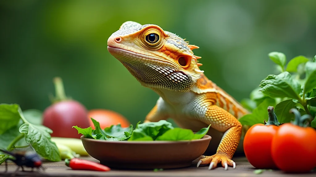 A bearded dragon lizard sits on a wooden surface surrounded by fresh vegetables such as tomatoes, basil, and peppers. The lizard appears to be looking at a bowl of leafy greens placed in front of it. The background is a soft-focus greenery, creating a natural setting.