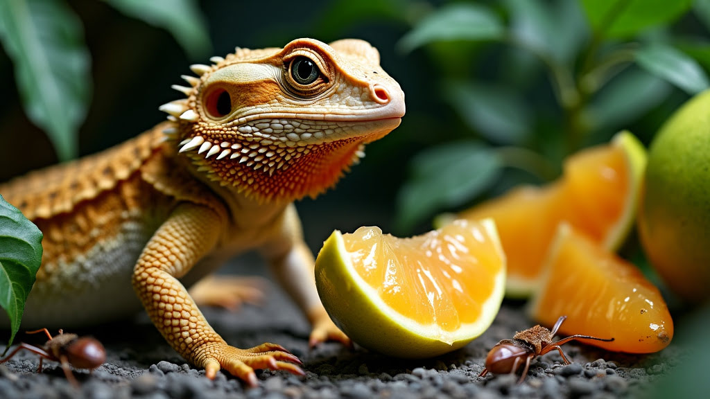 A bearded dragon lizard stands on a surface next to sliced oranges and a green fruit. Ants are seen nearby, and blurred green foliage is in the background, creating a natural setting for the reptile.