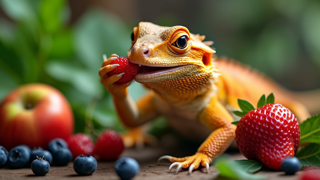 A bright orange lizard holds a strawberry, surrounded by various fresh fruits, including blueberries, strawberries, and a peach. The background features vibrant green foliage, creating a natural, colorful setting.