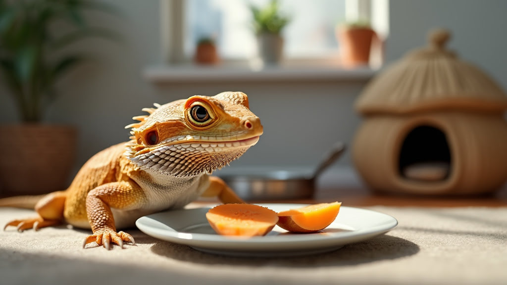 A close-up of a bearded dragon with a curious, wide-eyed look, tilting its head towards a small, neatly cut piece of sweet potato resting on a plate. Background includes a minimalistic, friendly home environment with subtle elements that hint at pet care, such as a small plant, a water bowl, and a cozy habitat for a reptile.