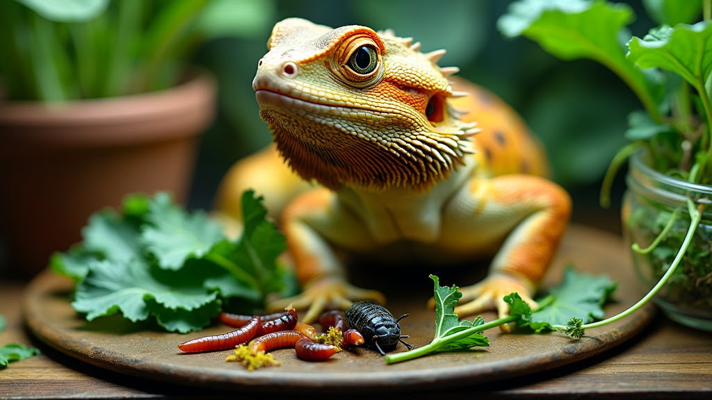 A close-up of a bearded dragon with a vibrant orange and yellow color pattern, surrounded by various vegetables, mealworms, and a beetle. The reptile is perched on a wooden surface with potted plants in the background, creating a naturalistic setting.