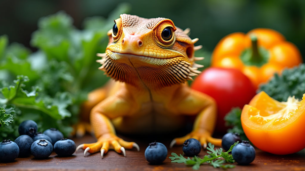 Close-up shot of an orange bearded dragon lizard surrounded by fresh vegetables and fruits, including blueberries, kale, a yellow bell pepper, and a tomato. The vibrant colors of the produce complement the lizard's detailed scales and alert expression.