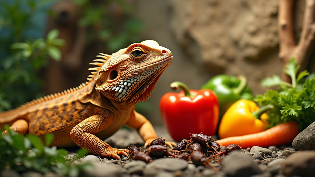 A bearded dragon is surrounded by fresh produce, including a red and a green bell pepper, a yellow chili pepper, a carrot, some leafy greens, and insects. The reptile is on a rocky surface, with a blurred natural background.