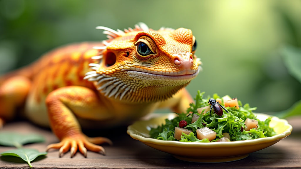 A vibrant orange and yellow lizard sits on a wooden surface next to a small plate of fresh green salad topped with fruit pieces and a beetle. The background is a lush, blurred green, suggesting a natural environment. The lizard gazes curiously at the salad.