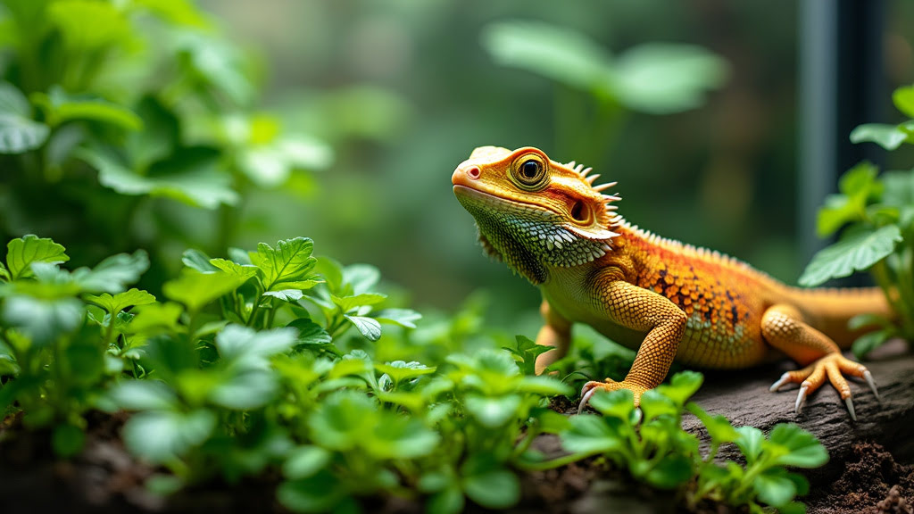 A bearded dragon with vibrant orange and yellow scales perches on a piece of wood surrounded by lush, green foliage. The reptile's head is slightly lifted, and it appears to be gazing intently at something in its habitat.