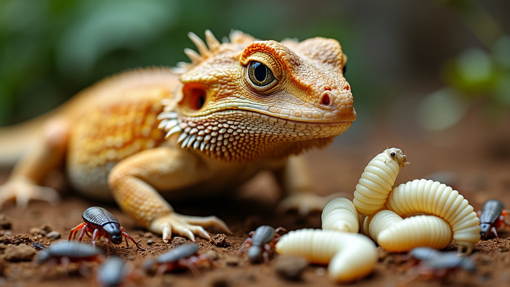 prompt: A bearded dragon with a focus on its detailed scales and dragon-like features, set in a naturalistic environment. Surrounding the bearded dragon, a variety of feeder insects can be seen, with a highlighted cluster of waxworms distinguishing themselves with their smooth, pale appearance. The image should evoke a sense of care and natural habitat, displaying the dietary choices available to this intriguing pet.