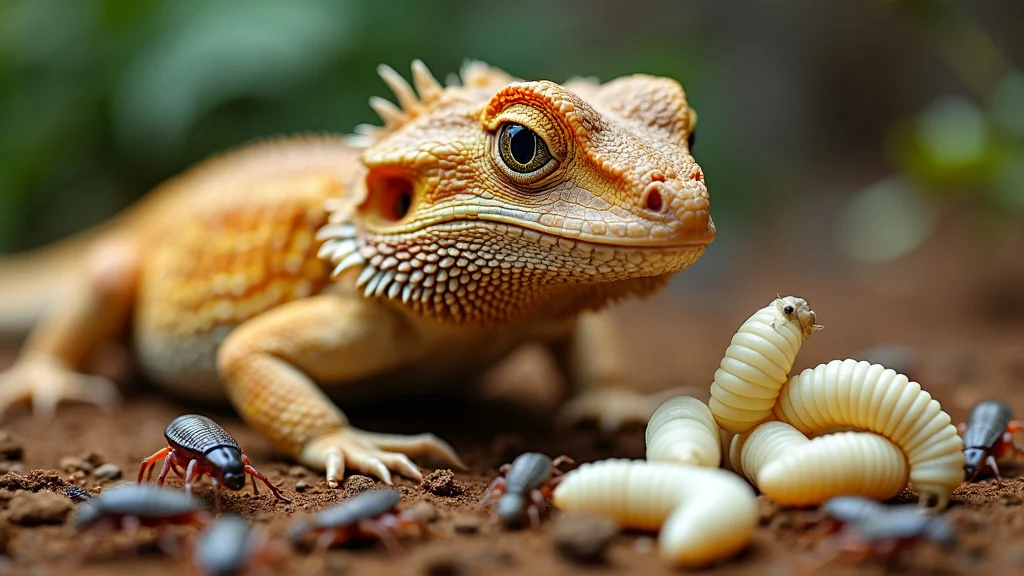 A bearded dragon lizard with orange and yellow scales sits on brown soil, looking at a small pile of white larvae and some dark beetles. The background is blurred greenery.