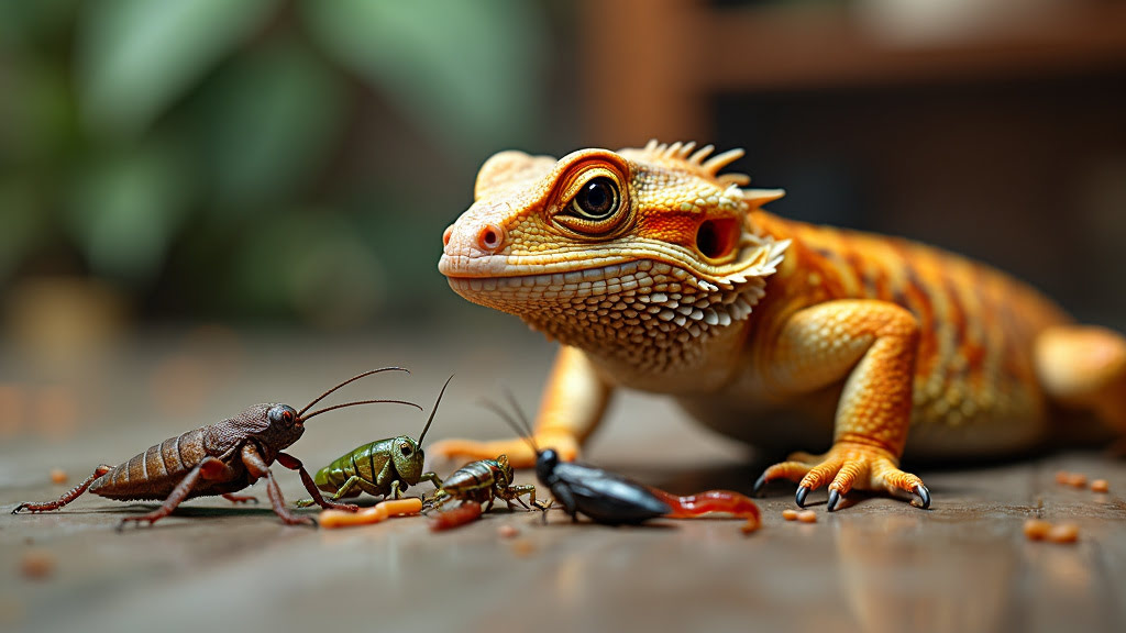 a bearded dragon eagerly eyeing a variety of wildcaught bugs, such as crickets, grasshoppers, cockroaches, and worms, with a backdrop of both indoor and outdoor environments.